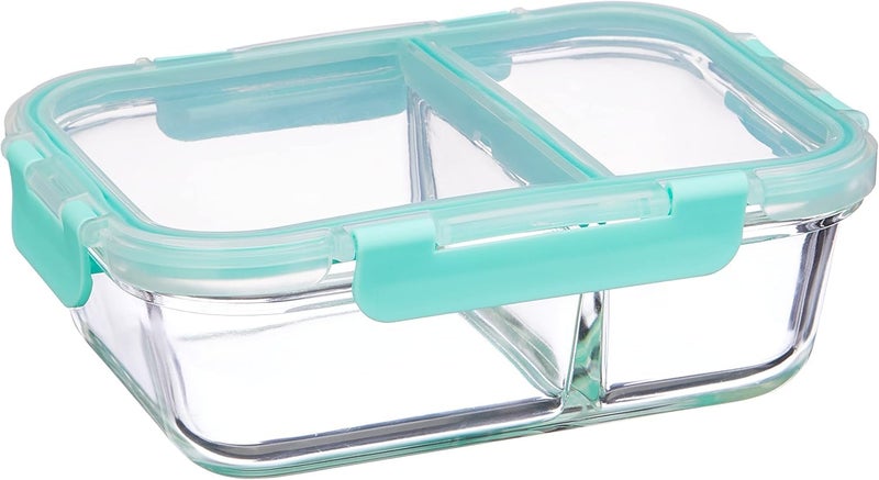 Dhakshy Dhakshy 2Compartment Glass Lunch Box Food Storage Container with Clamp Plastic Lid Water Proof AirtightGlass Storage Bowl for Office School and Travel Transparent 1000ML Pack of 1  - Image 2
