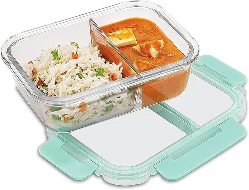 Dhakshy Dhakshy 2Compartment Glass Lunch Box Food Storage Container with Clamp Plastic Lid Water Proof AirtightGlass Storage Bowl for Office School and Travel Transparent 1000ML Pack of 1  - Image 1