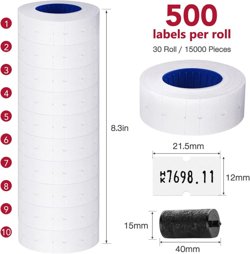 KPX 30 Rolls 15000pcs White Price Gun Labels for Mx-5500 Labeller White Pricemarker Stickers Plus 3 Piece Refill Ink Rolls (30 Rolls Pure White + 3 Refill Inks) - Image 2