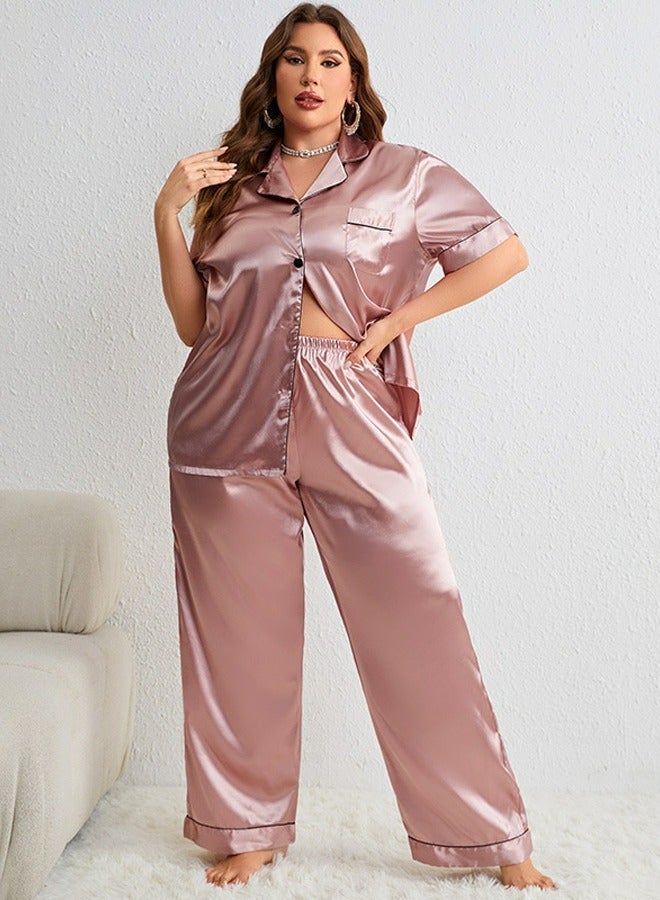 Loquat Women's Imitation Silk 2-Piece Set Nightgown Sleepwear Short Sleeve Lapel Top And Pants Soft Loungewear Pajamas Suit Pink - Image 1