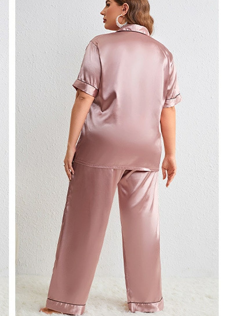 Loquat Women's Imitation Silk 2-Piece Set Nightgown Sleepwear Short Sleeve Lapel Top And Pants Soft Loungewear Pajamas Suit Pink - Image 2