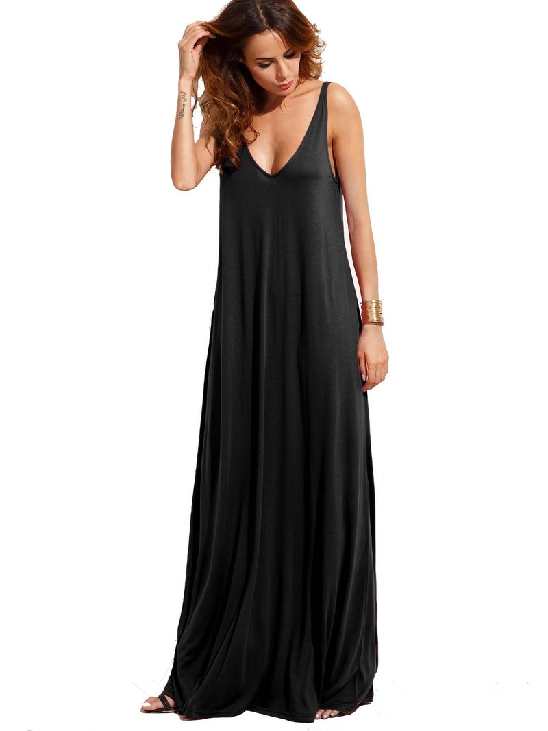 Verdusa Women's Casual Sleeveless Deep V Neck Knitted Shift Sexy Maxi Long Dress Black M - Image 1