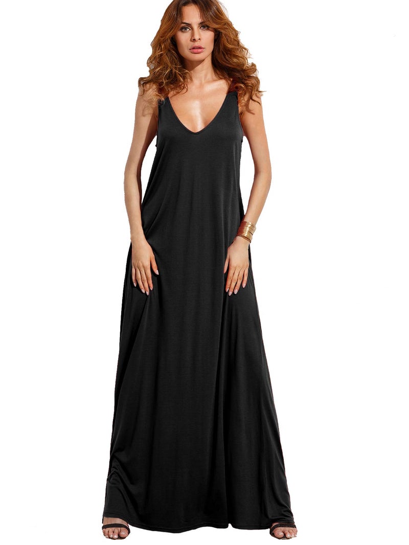 Verdusa Women's Casual Sleeveless Deep V Neck Knitted Shift Sexy Maxi Long Dress Black M - Image 3