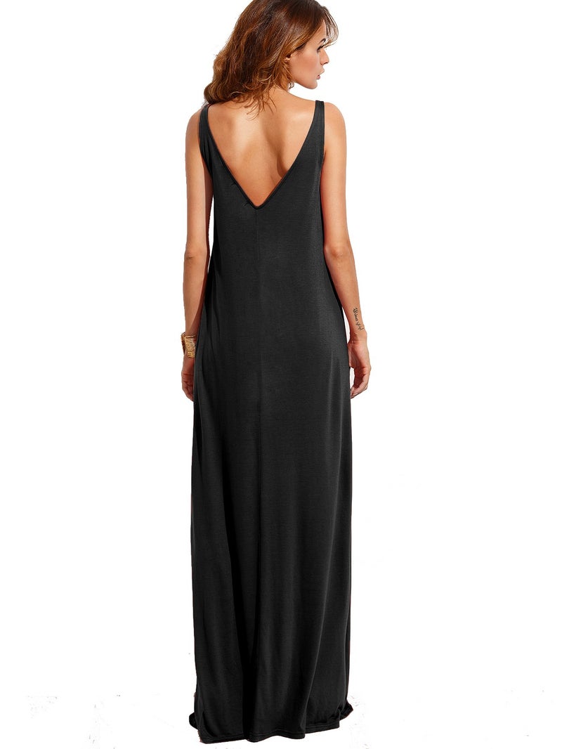 Verdusa Women's Casual Sleeveless Deep V Neck Knitted Shift Sexy Maxi Long Dress Black M - Image 2