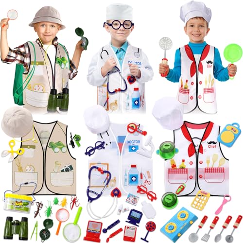 Sratte 3 Sets Kids Dress up Clothes for Boys Girls Explorer Doctor Chef Role Play Outfits with Hats Accessories Toddlers Dress up Costumes for Ages 37 - Image 1