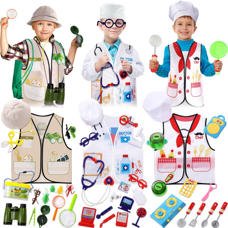 Sratte 3 Sets Kids Dress up Clothes for Boys Girls Explorer Doctor Chef Role Play Outfits with Hats Accessories Toddlers Dress up Costumes for Ages 37 - Image 2