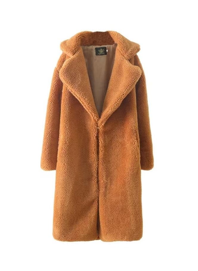 QIYE - Autumn Winter New Lapel Waist Contracted Long Imitation Lamb Wool Coat - Image 1