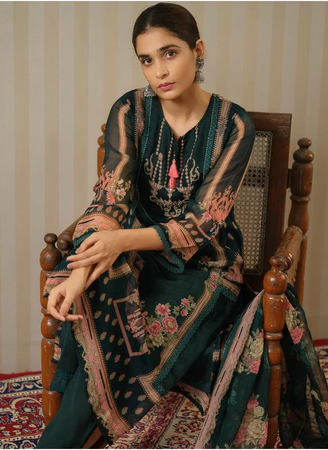 DW Floral Printed Tie-Up Neck Organza Kurta and Trouser with Dupatta Set by Styli