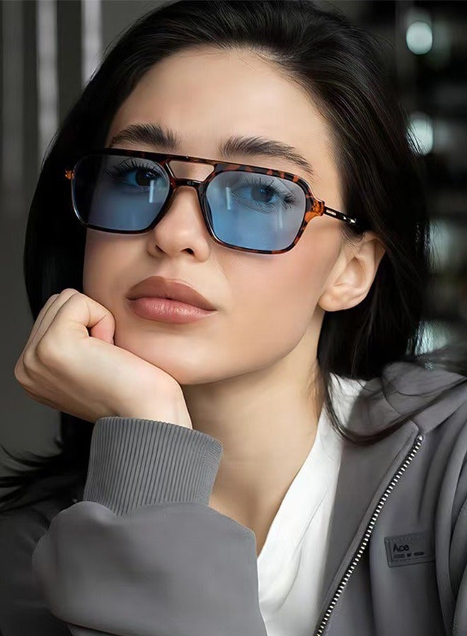 Generic Square Aviator Fashion Sunglasses Women Men Vintage Flat Aviator Tinted Glasses Uv400 Protection, B04 Tortoise Frame | Blue Lens + Leopard Frame |  - Image 1
