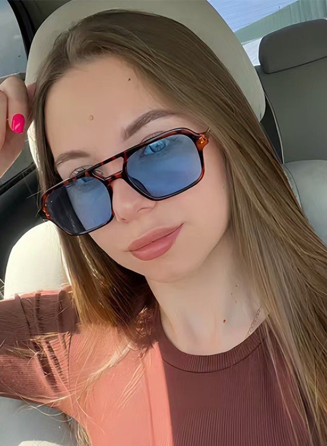 Generic Square Aviator Fashion Sunglasses Women Men Vintage Flat Aviator Tinted Glasses Uv400 Protection, B04 Tortoise Frame | Blue Lens + Leopard Frame |  - Image 2