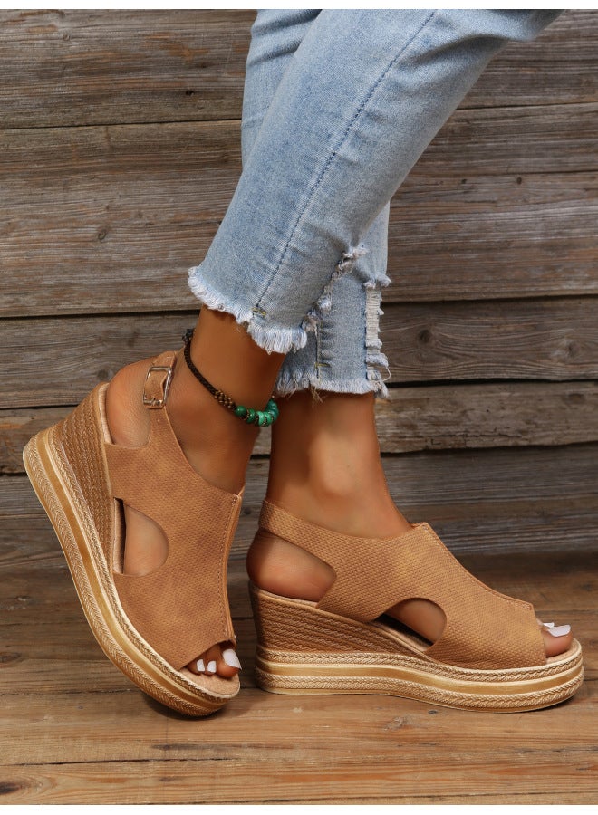 Summer New Style Fish Mouth Large Size Export Wedge Heel Open Toe Buckle Roman Style High Heel Sandals