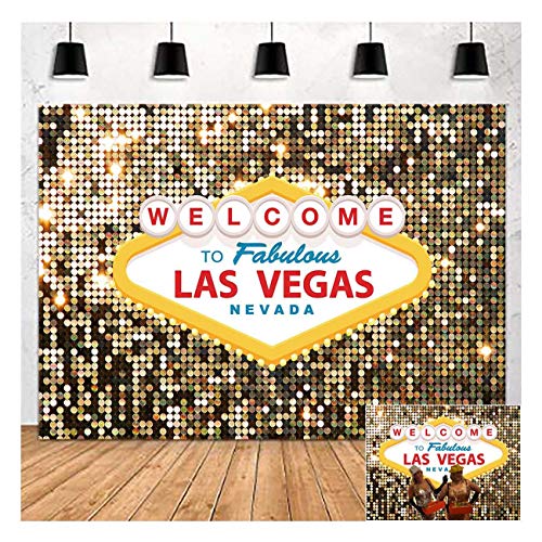 Fanghui Welcome to Las Vegas Photo Background Fabulous Casino Poker Movie Themed Photography Backdrops 5x3ft Vintage Costume Dress-up Birthday Prom Ceremony Baby Shower Banner Supplies Props Vinyl - Image 1