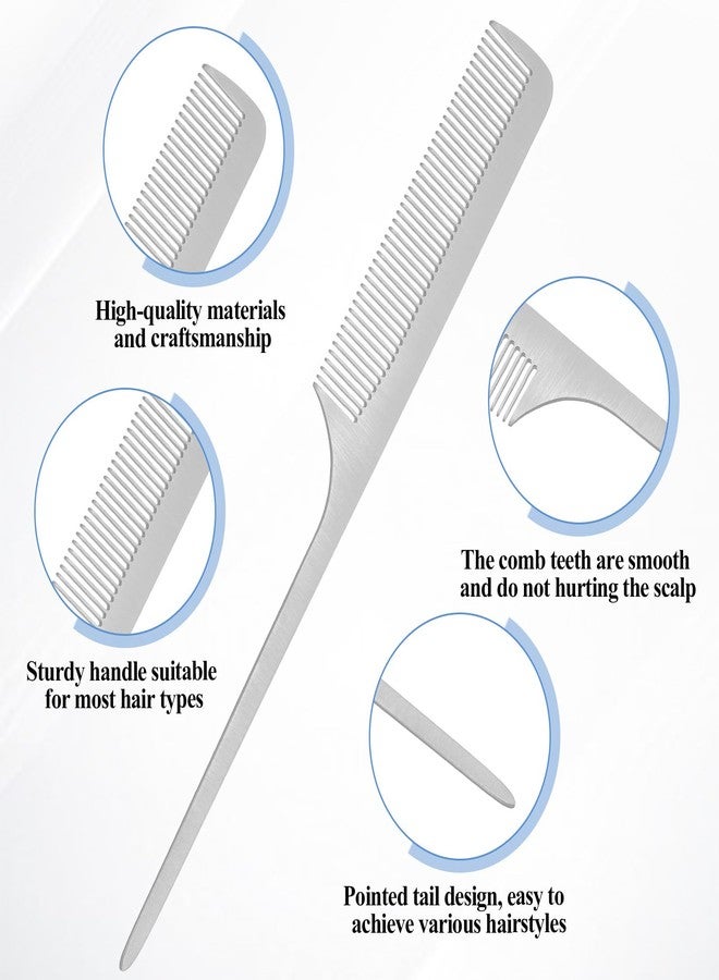 Bruislard 2Pcs Metal Rat Tail Comb Stainless Steel Rattail Comb Fine Teasing Pintail Barber Combs Styling Combs with Metal Pick for Braiding Hair Cutting Styling (Silver) - Image 3