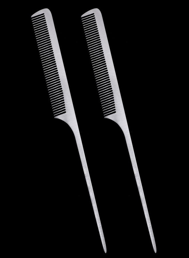 Bruislard 2Pcs Metal Rat Tail Comb Stainless Steel Rattail Comb Fine Teasing Pintail Barber Combs Styling Combs with Metal Pick for Braiding Hair Cutting Styling (Silver) - Image 1