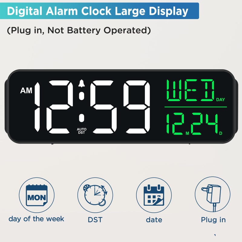 Peakeep Large Display Digital Alarm Clock for Bedrooms, Date Day of Week Calendar Desk Table Clocks for Living Room Office, Dimmable Plug in Electric Clock, 5 Volumes, Loud, Auto DST - Image 2