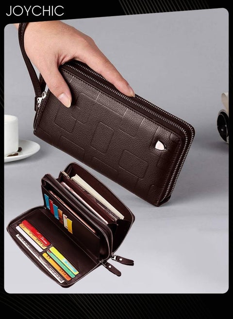 Genuine Leather Waterproof Men's Wallet Long Zipper Clutch Leather Geometric Mobile Phone Bag Multi-Classified Casual Small Handbag for Travel Business Shopping Brown