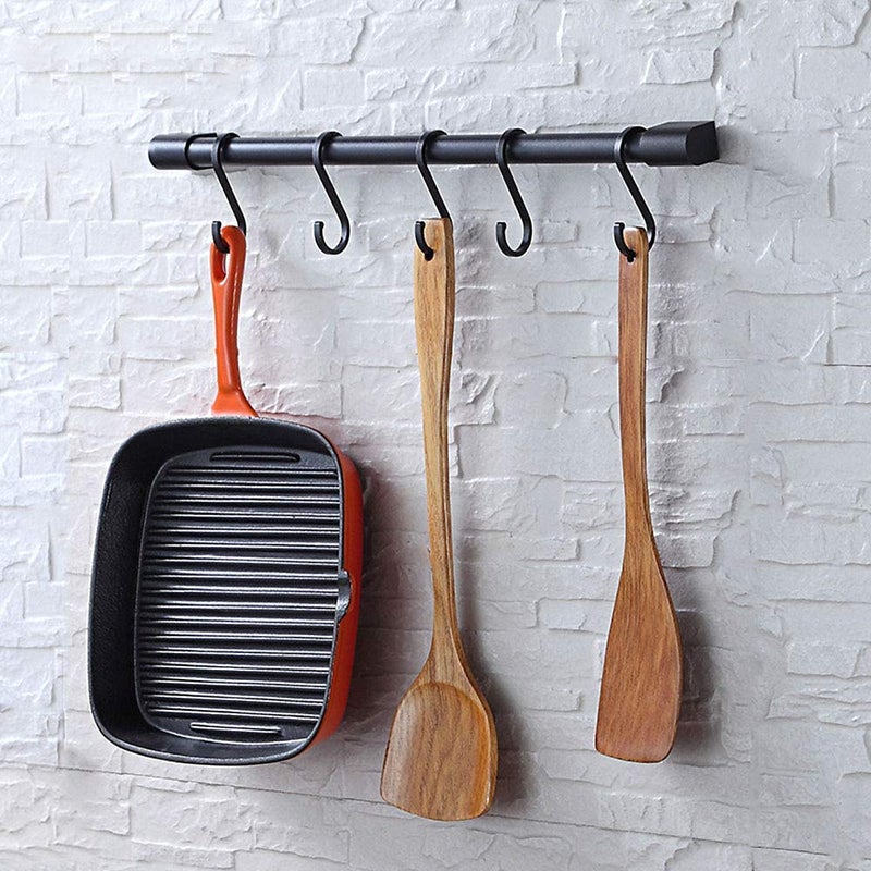 KAIYING Kitchen Utensil Rack with Removable S Hook for Hanging Pots and Pans, Rod Hooks for Mugs, Wall Mounted Kitchen Rail Organizer, Aluminum,(Black-5 Hooks)
