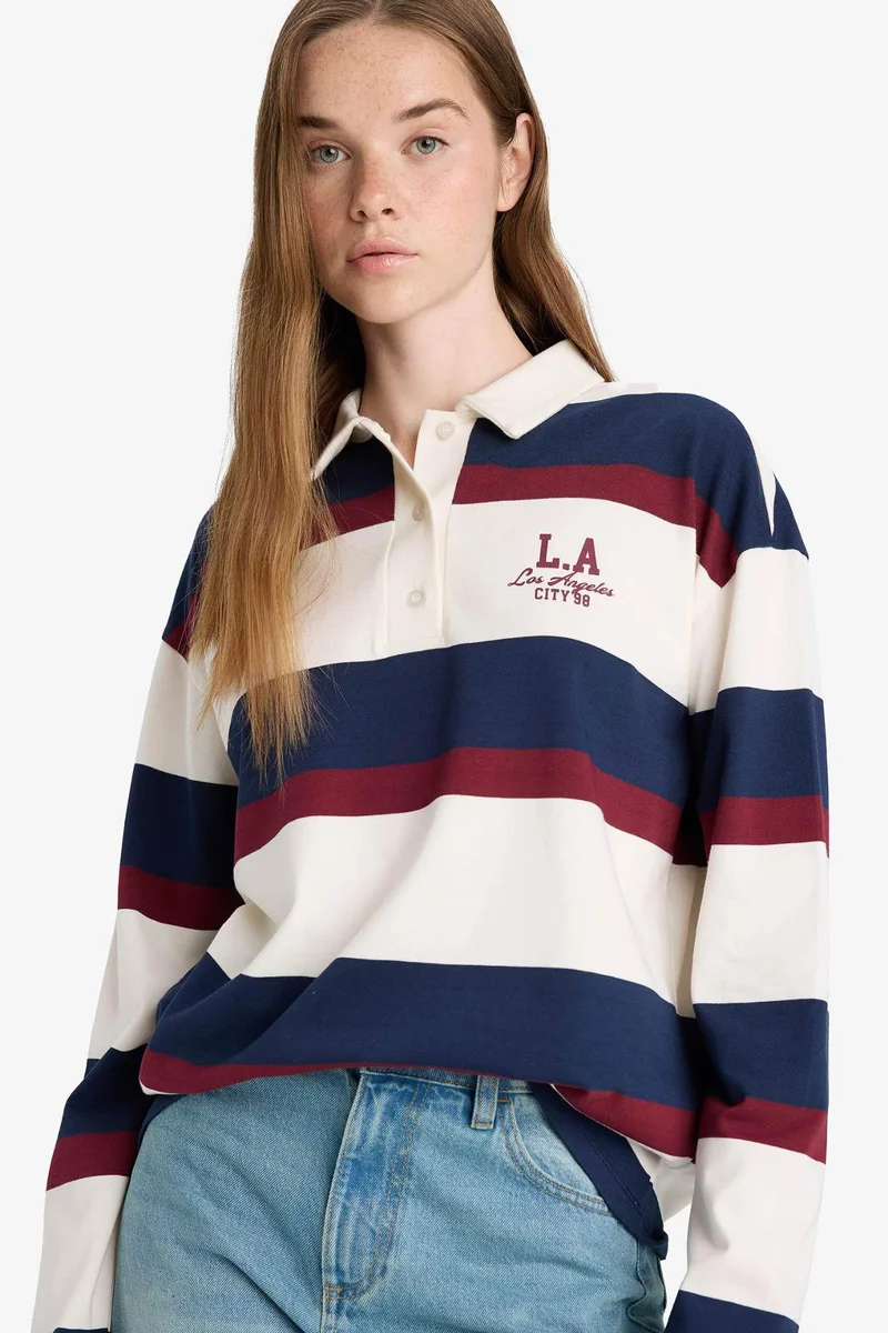 Defacto Oversize Fit Polo Neck Striped Printed Sweatshirt