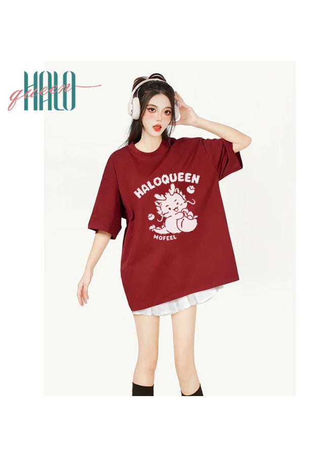 HALOQUEEN Halo Queen Women's Short-sleeve T-shirt, Summer Style, Dragon Print, Loose-fitting Large Size, Slimming Top, H133t1568 - Image 1