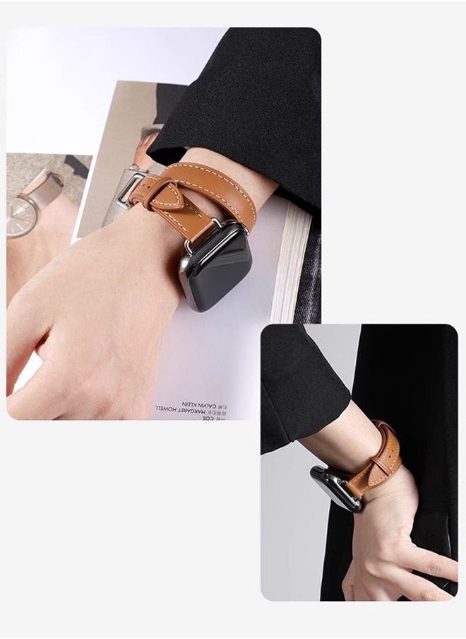 Watch Strap Suitable for iWatch Series 10 (42mm), Leather Replacement Band Compatible for Apple Watch Series Band 38mm 40mm 41mm 42mm women, Genuine Leather Double Tour Designed Slim Strap for iWatch Ultra Series10 9 8 7 6 SE, Brown