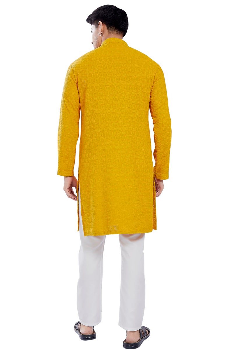 DIVISIVE Men's Thread Embroidered Cotton Blend Only Slim Fit Kurta (DKRT725_XXXL_Yellow) - Image 4