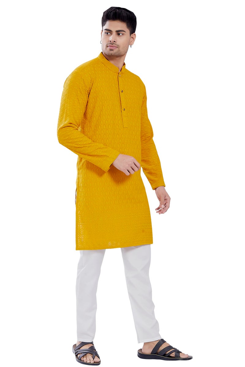 DIVISIVE Men's Thread Embroidered Cotton Blend Only Slim Fit Kurta (DKRT725_XXXL_Yellow) - Image 3