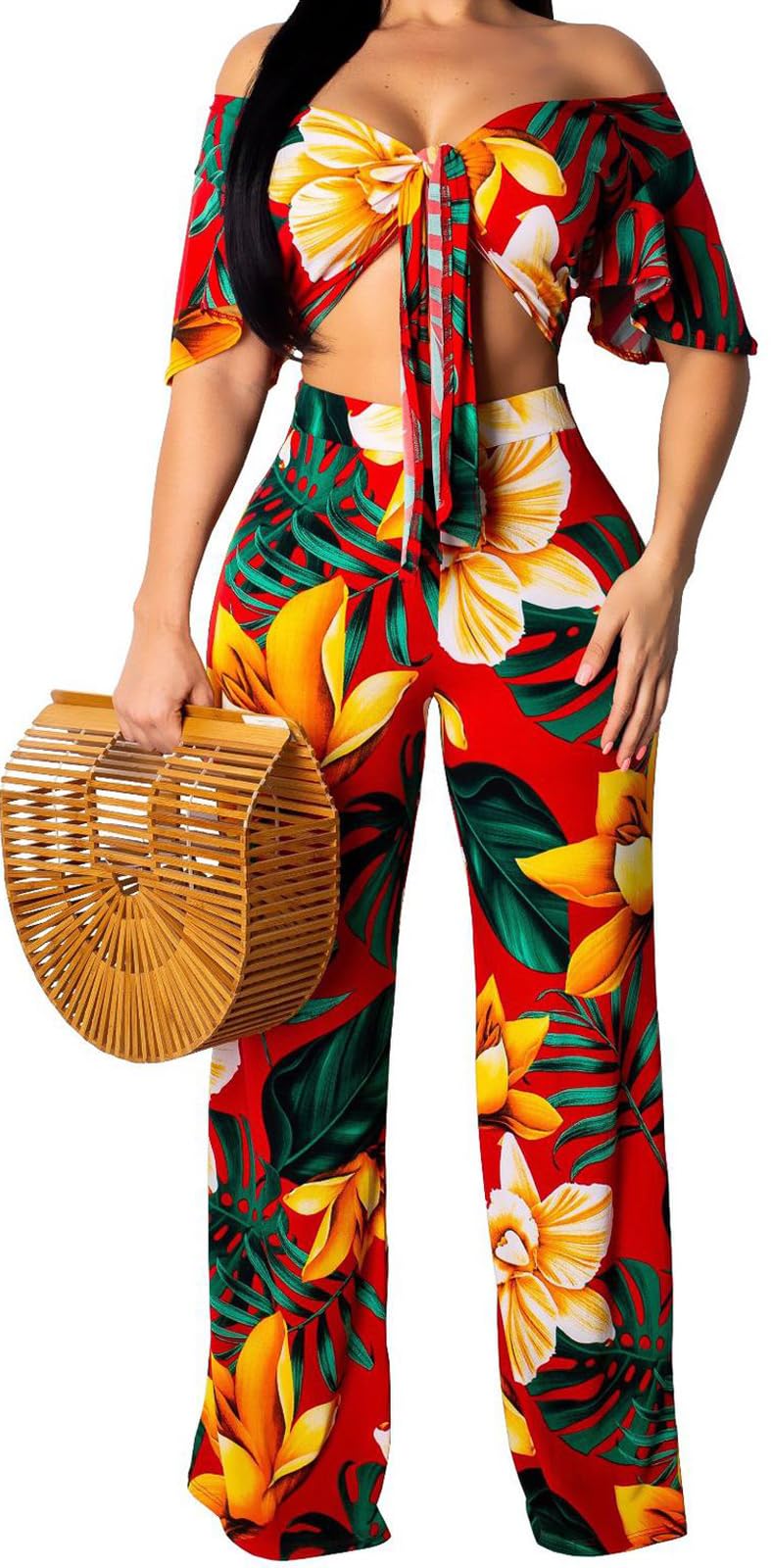 sexycherry Two Piece Outfits for Women Sexy Beach Bandage Crop Top Straight Long Pants Red Floral Vacation Swimwear Cover Ups Sets(Large) - Image 3