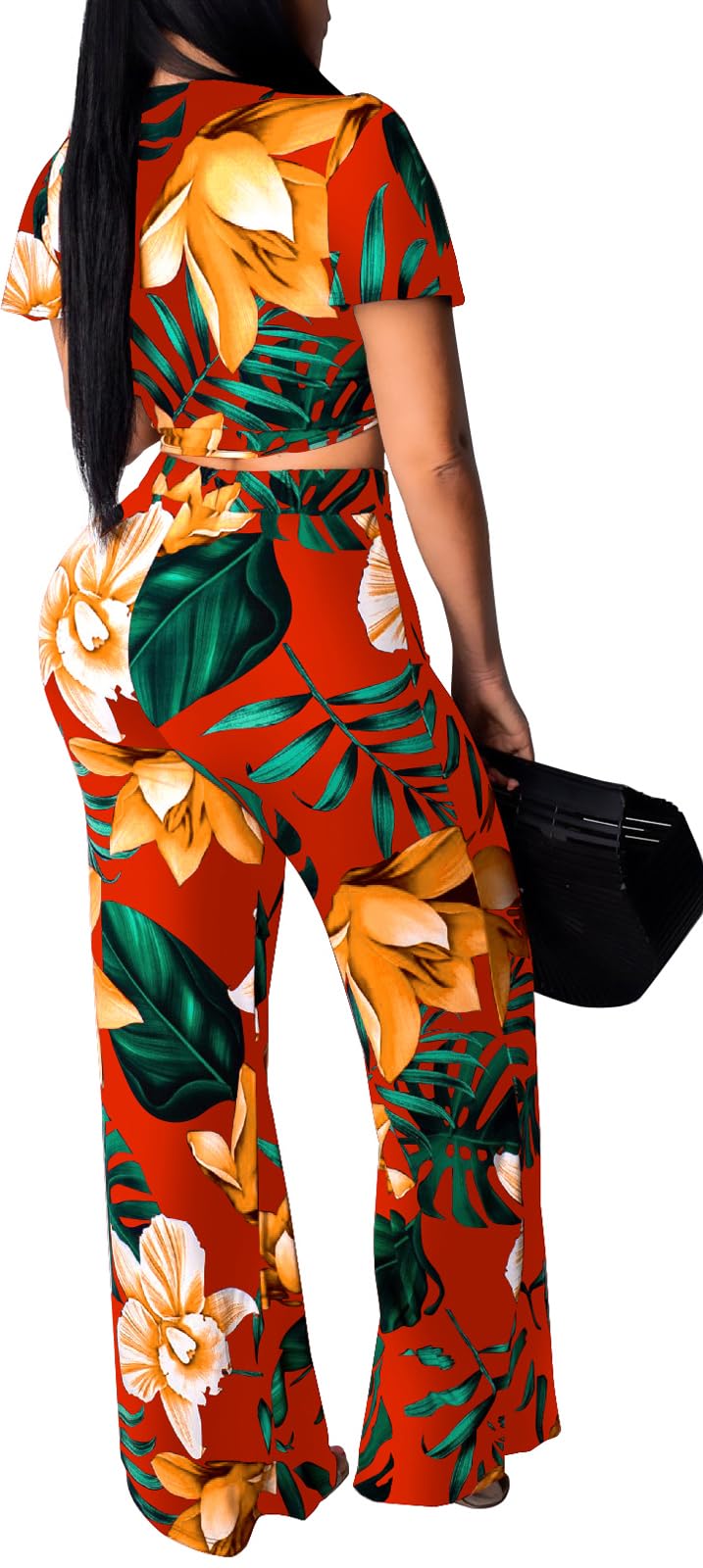 sexycherry Two Piece Outfits for Women Sexy Beach Bandage Crop Top Straight Long Pants Red Floral Vacation Swimwear Cover Ups Sets(Large) - Image 2