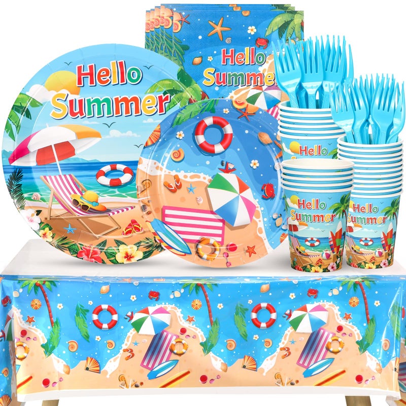 Atonofun Beach Paper Plates, Beach Plates and Napkins Party Supplies, Disposable Plates, Cups, Napkins, Cutlery and Tablecloth for Hawaiian, Summer Party, Beach Birthday Party Decorations Serves 24 - Image 1