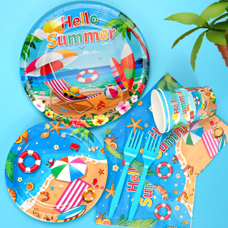 Atonofun Beach Paper Plates, Beach Plates and Napkins Party Supplies, Disposable Plates, Cups, Napkins, Cutlery and Tablecloth for Hawaiian, Summer Party, Beach Birthday Party Decorations Serves 24 - Image 3
