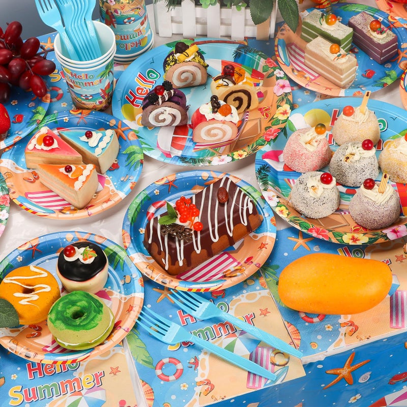 Atonofun Beach Paper Plates, Beach Plates and Napkins Party Supplies, Disposable Plates, Cups, Napkins, Cutlery and Tablecloth for Hawaiian, Summer Party, Beach Birthday Party Decorations Serves 24 - Image 4
