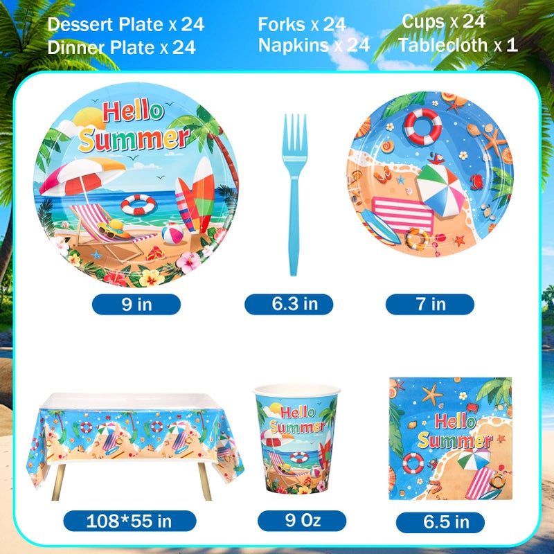 Atonofun Beach Paper Plates, Beach Plates and Napkins Party Supplies, Disposable Plates, Cups, Napkins, Cutlery and Tablecloth for Hawaiian, Summer Party, Beach Birthday Party Decorations Serves 24 - Image 2