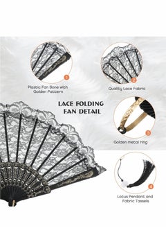 Y&D Hand Fan Folding Lace Wedding Fans with Tassel Spanish Handheld Foldable Rave for Women Girls Dress up Costume Dancing Party Decoration 9.5 Inch Black  - Image 3