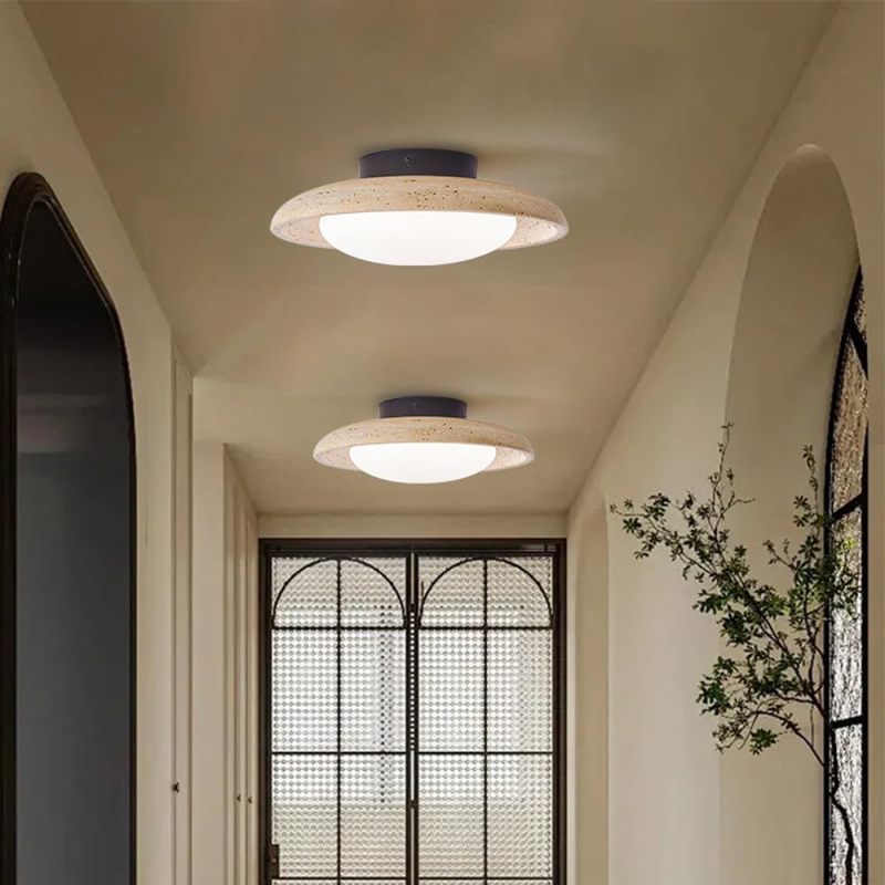 Semi Flush Mount Light: 8cm Height 12W LED, Genuine Yellow Travertine & Walnut Finish - Tri-Color Dimming 3000K-6000K, Vintage Ceiling Light for Mid-Century Modern Living Rooms, Kitchens, Hallways - Image 2