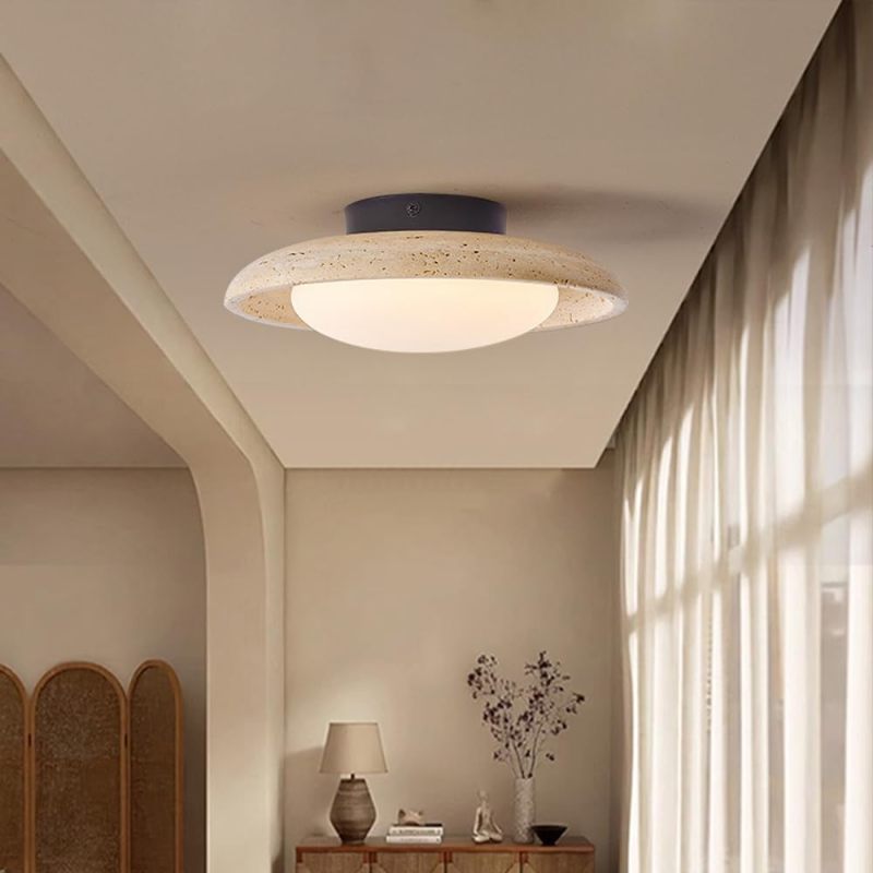 Semi Flush Mount Light: 8cm Height 12W LED, Genuine Yellow Travertine & Walnut Finish - Tri-Color Dimming 3000K-6000K, Vintage Ceiling Light for Mid-Century Modern Living Rooms, Kitchens, Hallways - Image 3