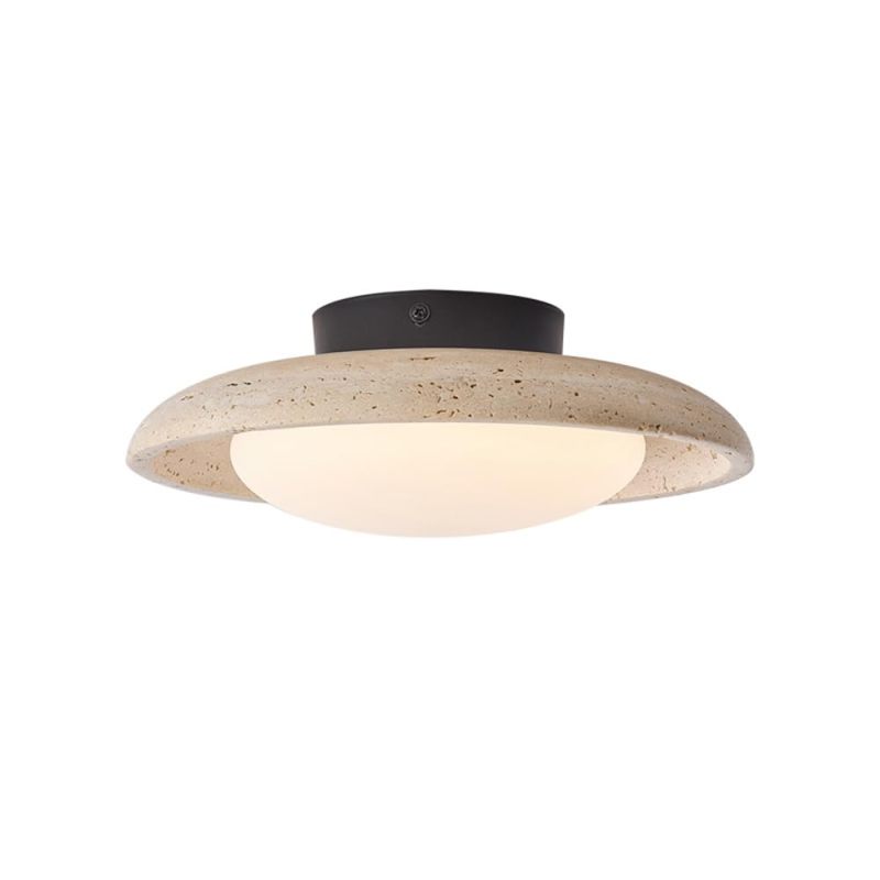 Semi Flush Mount Light: 8cm Height 12W LED, Genuine Yellow Travertine & Walnut Finish - Tri-Color Dimming 3000K-6000K, Vintage Ceiling Light for Mid-Century Modern Living Rooms, Kitchens, Hallways - Image 1
