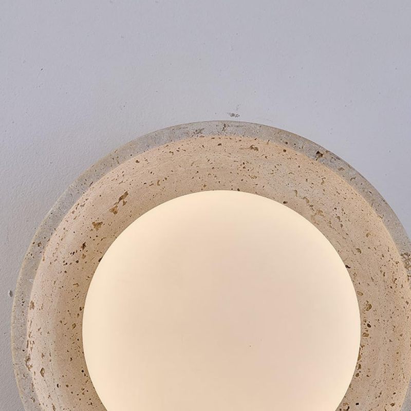 Semi Flush Mount Light: 8cm Height 12W LED, Genuine Yellow Travertine & Walnut Finish - Tri-Color Dimming 3000K-6000K, Vintage Ceiling Light for Mid-Century Modern Living Rooms, Kitchens, Hallways - Image 5