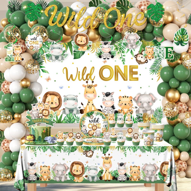 YGCTBVY Wild Birthday Decorations,Safari Birthday Decorations 277Pcs Wild Plates and Napkin Sets Banner Backdrop Tablecloth Cake Topper Balloon Garland for Jungle 1st birthday Decorations - Image 4
