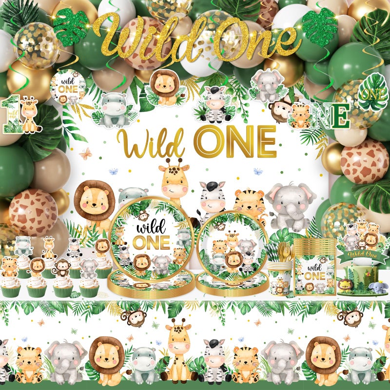 YGCTBVY Wild Birthday Decorations,Safari Birthday Decorations 277Pcs Wild Plates and Napkin Sets Banner Backdrop Tablecloth Cake Topper Balloon Garland for Jungle 1st birthday Decorations - Image 1