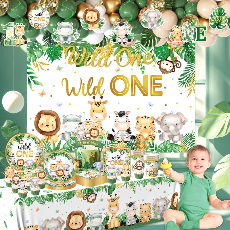 YGCTBVY Wild Birthday Decorations,Safari Birthday Decorations 277Pcs Wild Plates and Napkin Sets Banner Backdrop Tablecloth Cake Topper Balloon Garland for Jungle 1st birthday Decorations - Image 3