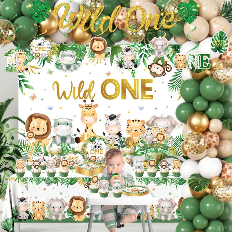YGCTBVY Wild Birthday Decorations,Safari Birthday Decorations 277Pcs Wild Plates and Napkin Sets Banner Backdrop Tablecloth Cake Topper Balloon Garland for Jungle 1st birthday Decorations - Image 2