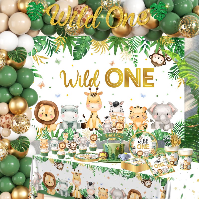 YGCTBVY Wild Birthday Decorations,Safari Birthday Decorations 277Pcs Wild Plates and Napkin Sets Banner Backdrop Tablecloth Cake Topper Balloon Garland for Jungle 1st birthday Decorations - Image 5