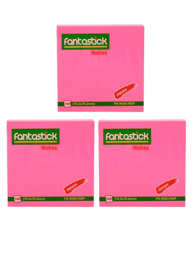 Fantastick 3-Piece Sticky Notes 3x3 Inch Size Neon Pink - Image 1