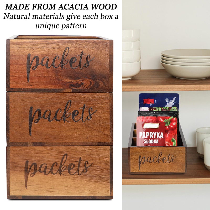 LBEMEY Packet Organizer, Acacia Wood Packet Storage Organizer with 3 Compartments,Farmhouse Kitchen Organization for Spice, Gravy, Taco, and Dressings Packets for Kitchen, Brown Labeled Packets - Image 5