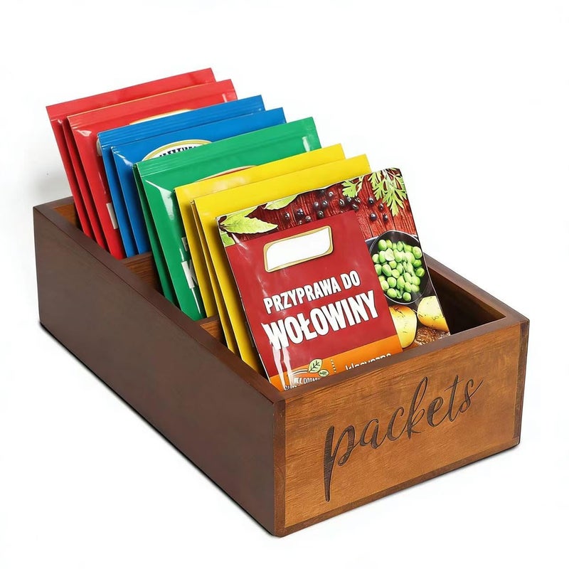 LBEMEY Packet Organizer, Acacia Wood Packet Storage Organizer with 3 Compartments,Farmhouse Kitchen Organization for Spice, Gravy, Taco, and Dressings Packets for Kitchen, Brown Labeled Packets - Image 1