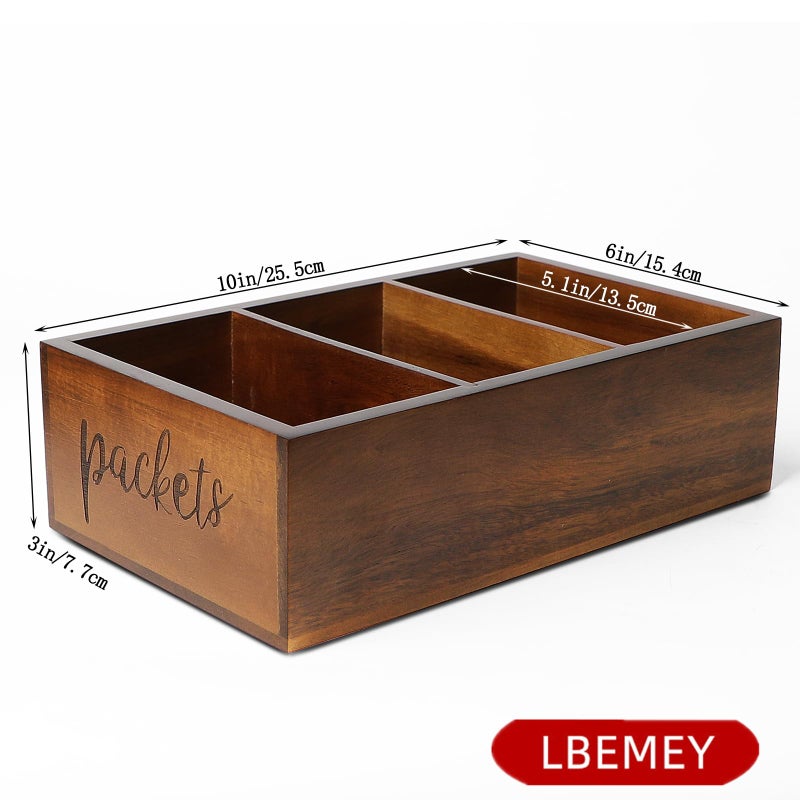 LBEMEY Packet Organizer, Acacia Wood Packet Storage Organizer with 3 Compartments,Farmhouse Kitchen Organization for Spice, Gravy, Taco, and Dressings Packets for Kitchen, Brown Labeled Packets - Image 3
