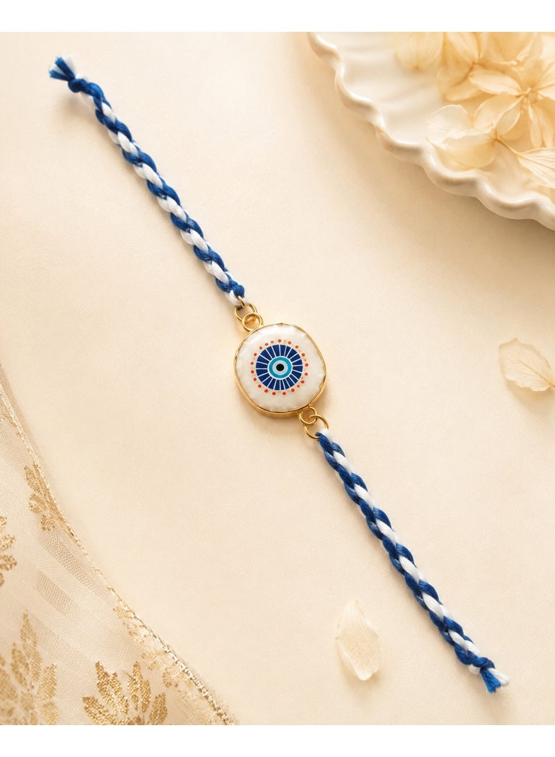 Evil Eye Charm Rakhi Bracelet for Brother, Blue & White Braided Thread
