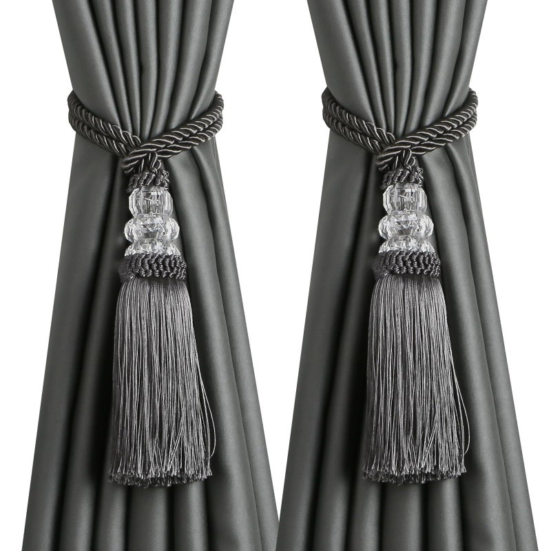 HedongHexi Curtain Tiebacks with Tassel, Outdoor Elegant Decorative Curtain Holdback,Modern Rope Window Curtain Ties Backs for Draperies with Hooks 2 Pack (2, Charcoal) - Image 1