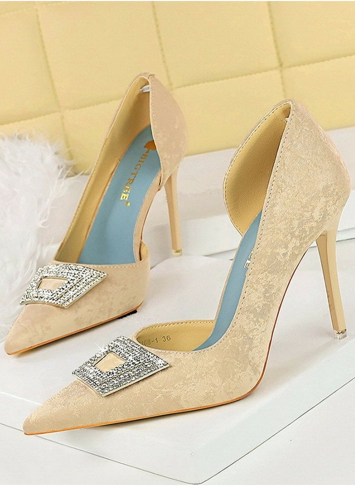 BIGTREE Women's Elegant Satin Closed Pointed Toe High Heels Rhinestone Decoration Stiletto Pumps Apricot 10.5CM  - Image 1