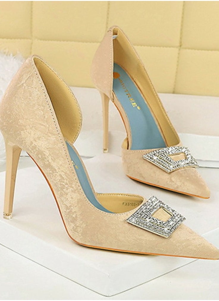 BIGTREE Women's Elegant Satin Closed Pointed Toe High Heels Rhinestone Decoration Stiletto Pumps Apricot 10.5CM  - Image 2